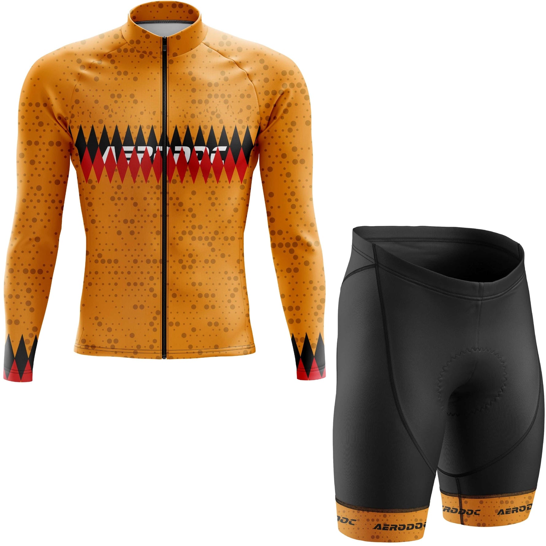 Aerodoc Ochre Diamond long sleeve cycling jersey and bib shorts set