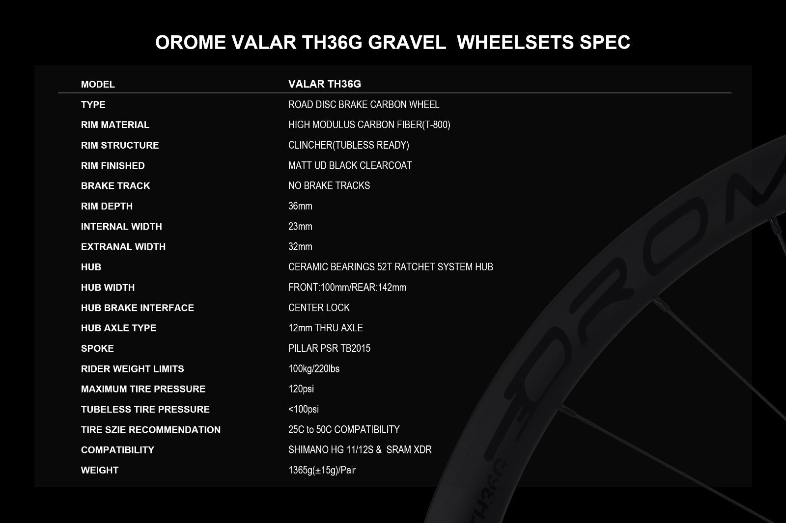 OROME VALAR TH36G Carbon Gravel Disc Brake Wheelsets