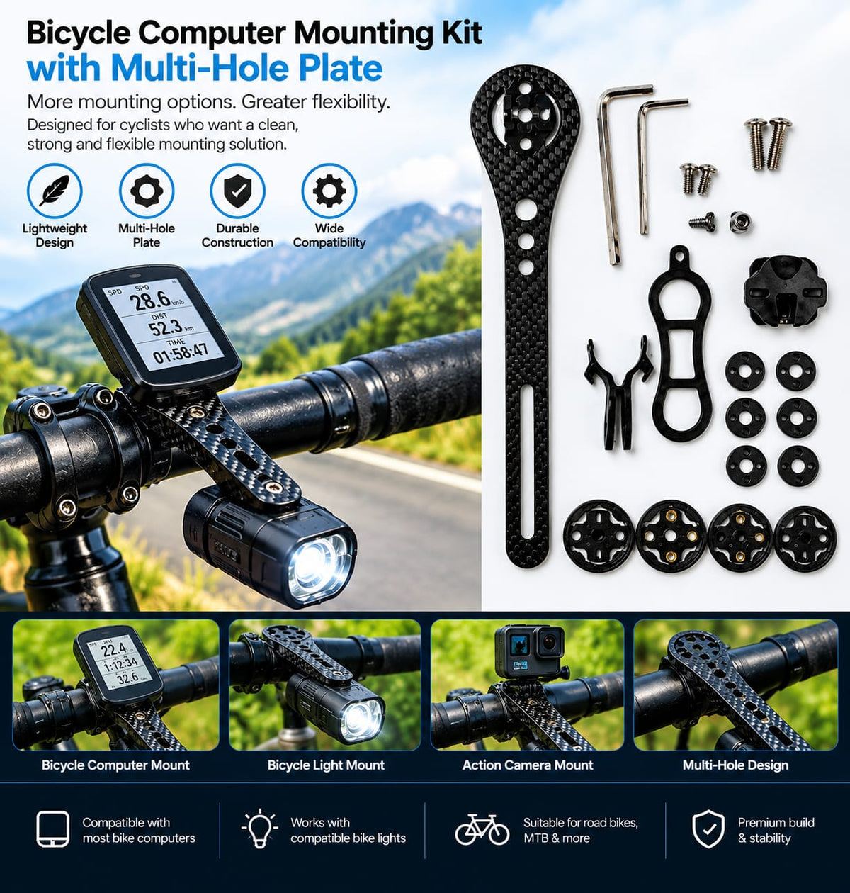 Bicycle Computer Mount With Multi-Hole Plate