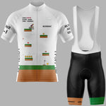 A cycling jersey and bib shorts set displayed on a light gray background. The jersey is white with a retro video game-inspired pixel-art design in green, orange, and brown, featuring text including 'AERODOC'.