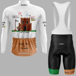 A pair of Aerodoc cycling bib shorts and matching long-sleeve jersey shown front and back on a light gray background. The jersey is white with a large retro video game-style graphic in brown, green, yellow, and black, plus orange bib shorts with black padding and small green and orange leg accents.