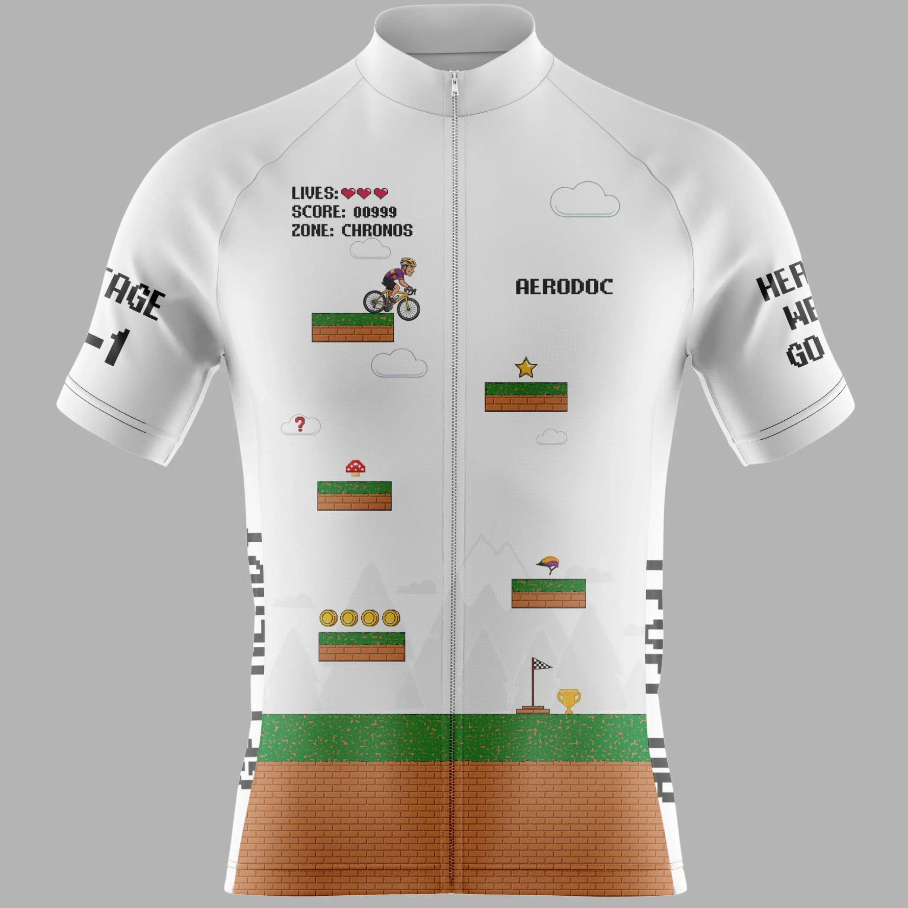 A white short-sleeve cycling jersey with a full front zipper, featuring a retro video game level design inspired by Super Mario. The design includes pixelated clouds, a cyclist, ground blocks, coins, a mushroom, and a flag, with text on the sleeves and chest.